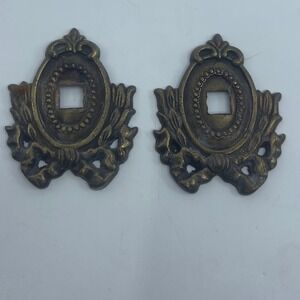 Vtg Salvage Ornate Brass Escutcheon Plate with Ribbon and Leaf Design Set of 2